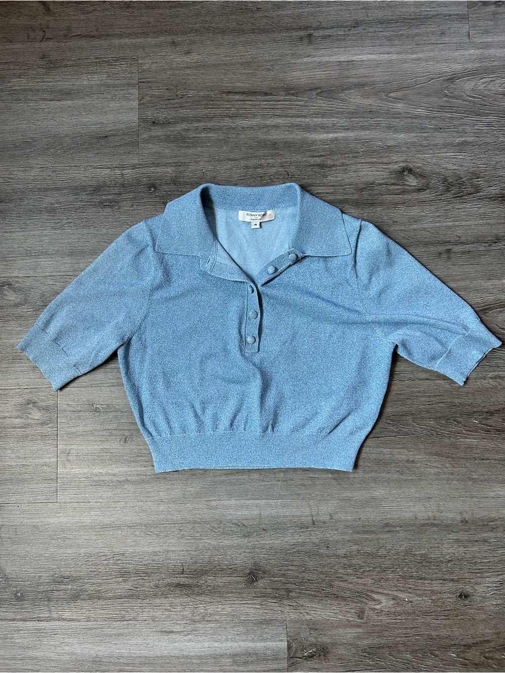 Preppy Blue Metallic Ronny Kobo Festive Cropped Polo Party Shirt M